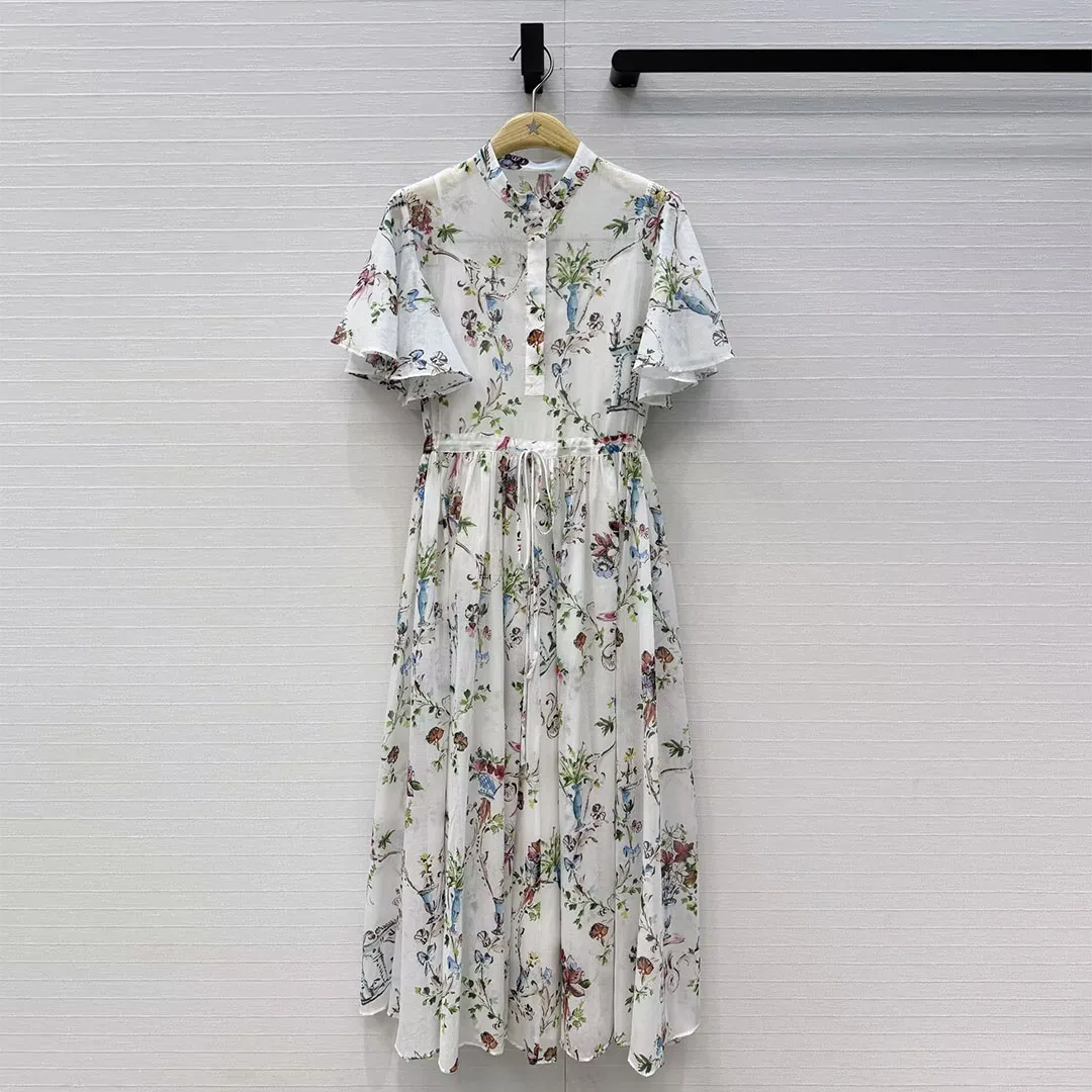2026 New Summer Elegant Fashion Floral Print Long Dress Women O-neck Ruffles Short Sleeve Drawstring High Waist Sweet Dresses