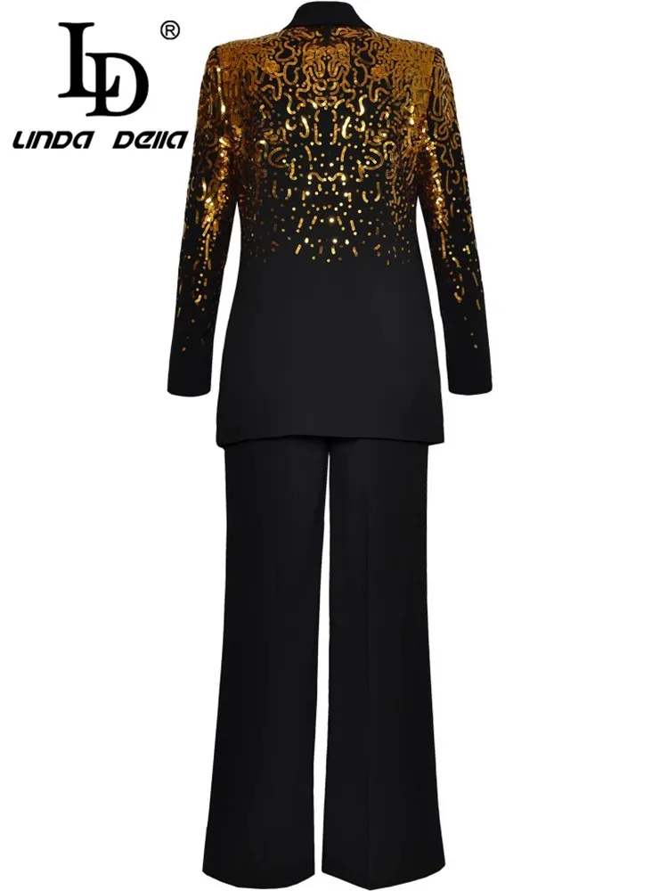 LD LINDA DELLA Autumn Winter Women's Suit Polo-Neck Double-breasted Sequins Top+Straight leg pants Fashion Design 2 piece set