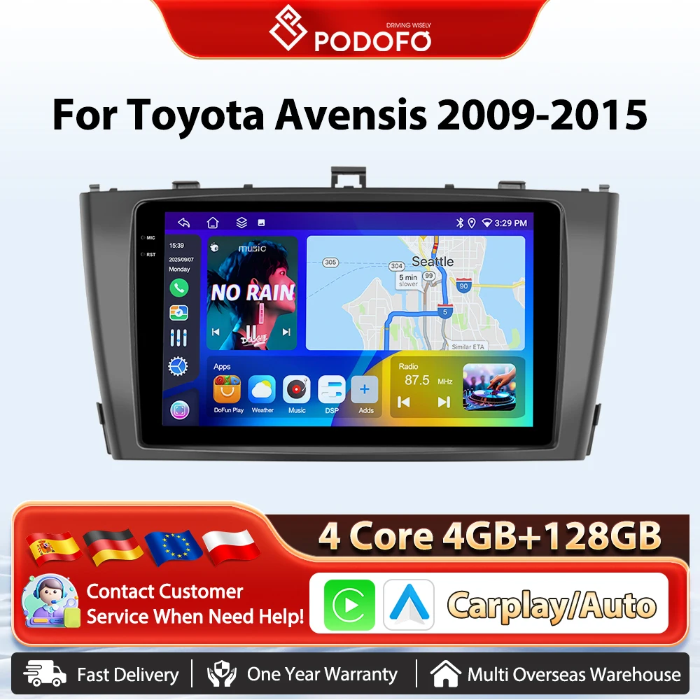 Podofo 9-Zoll Wireless Carplay Android Auto Radio für Toyota Avensis 2009-2015 Auto-Intelligentes System GPS-Navigation BT FM/RDS 2din Autoradio Plug&Play Head Unit SWC Auto-Multimedia-Stereo Wifi