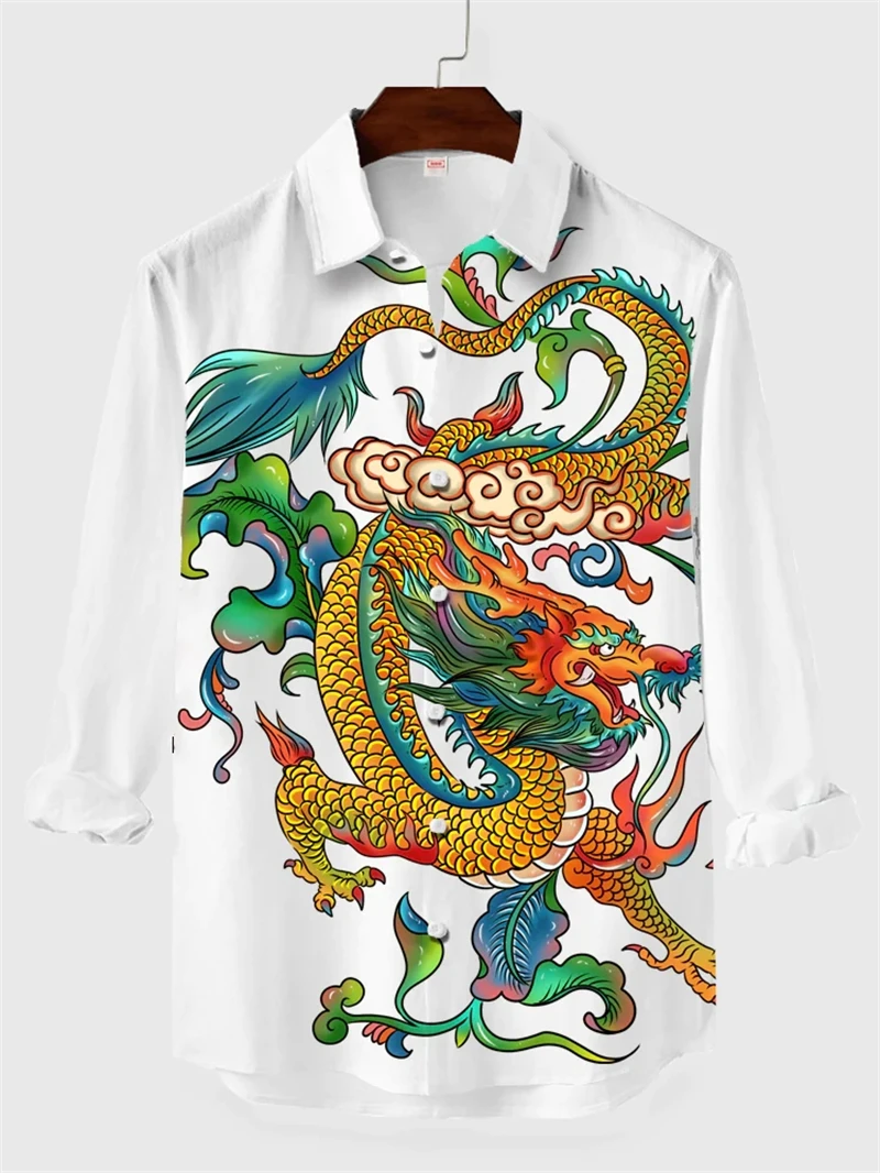 Men's Dragon Tiger Shirts Casual 3D Printed Long Sleeve Magic Animal Graphic Top Tees High Street Pattern Tops Men Hip Hop Tee