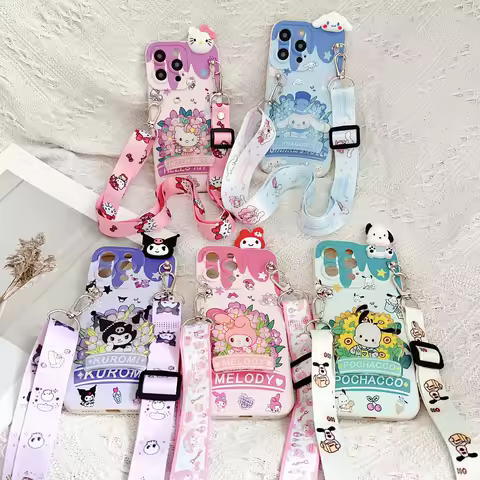 Flowers Kitty For Samsung Galaxy A12 A11 A71 A51 A52 A22 A02s A32 A13 A53 A03s A04s A20s A33 A73 A23 Case With Holder Rope