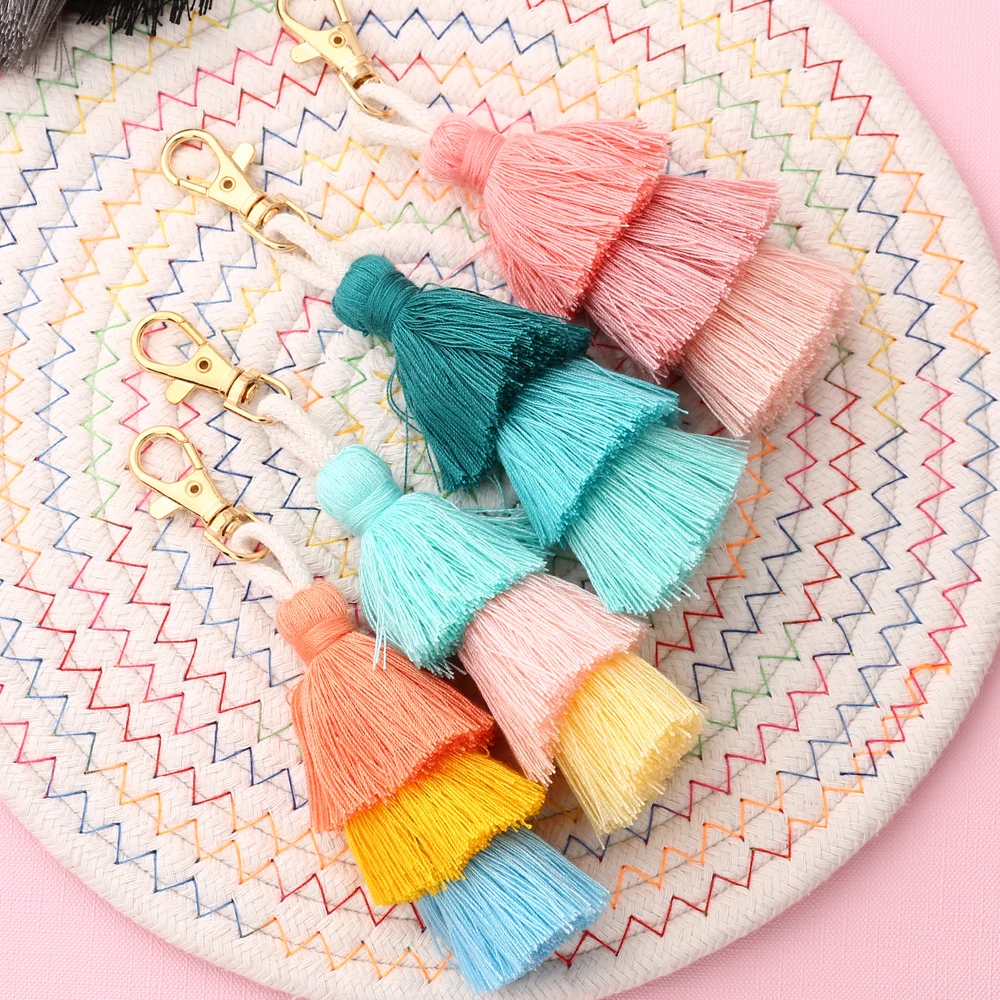 New Handmade Bohemian Bag Accessories Wholesale Three Layers Cotton Tassel Keychain Colorful Multi-layer Tassel Boho Accessory