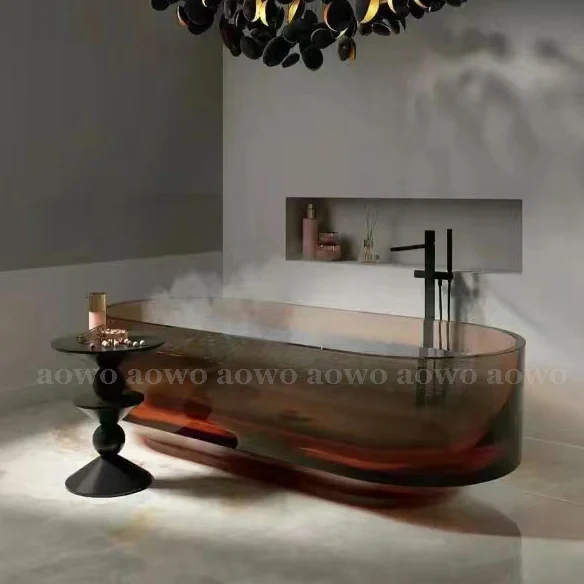 Freestanding Bathtub,Brown Resin Stone Transparent Whirlpool Tub,1.7m Modern Soaking Tub with Faucet,Reversible Drain