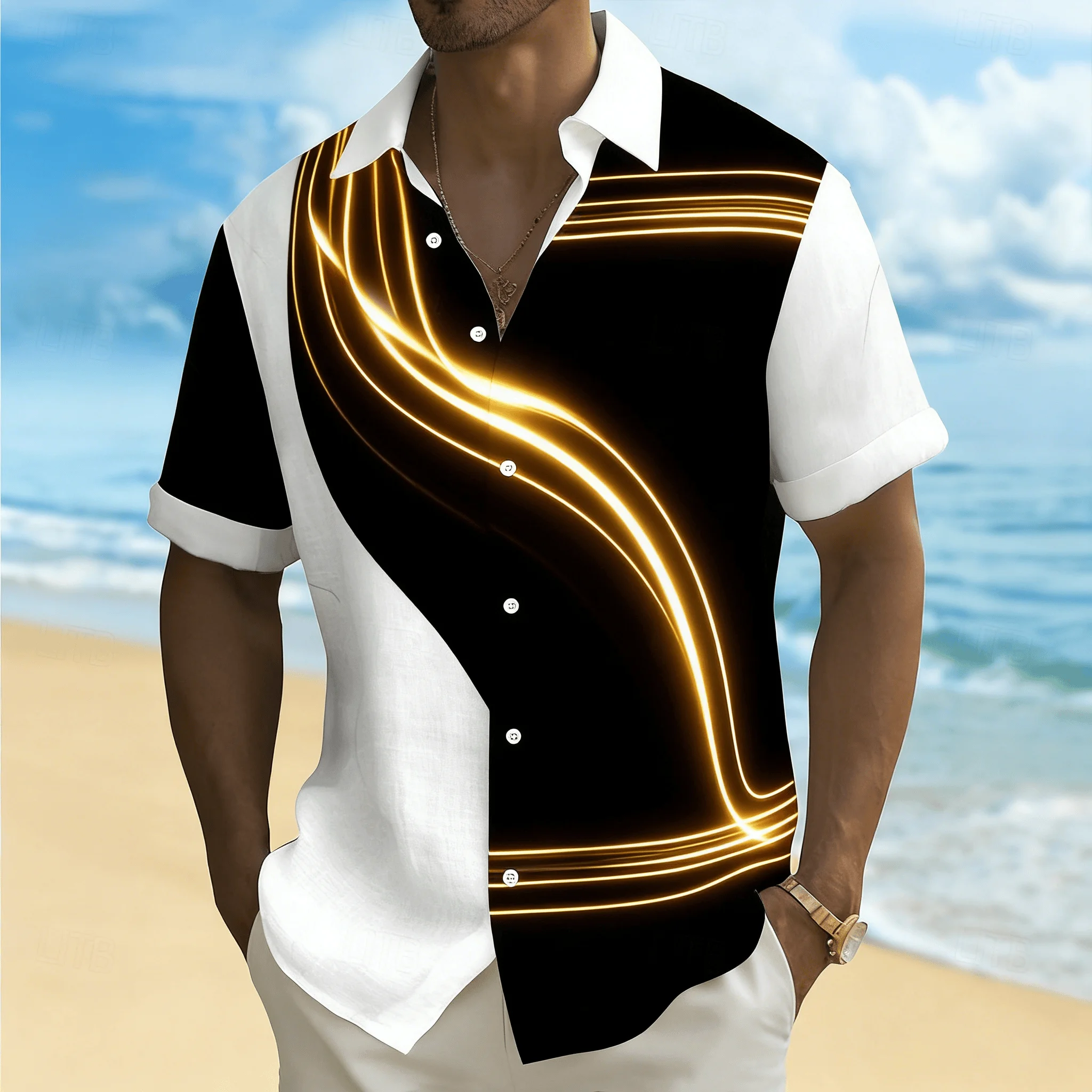 

Men's Black White Split with Light Streak Print Short Sleeve Shirt, Modern Abstract Design Button Down for Spring Summer