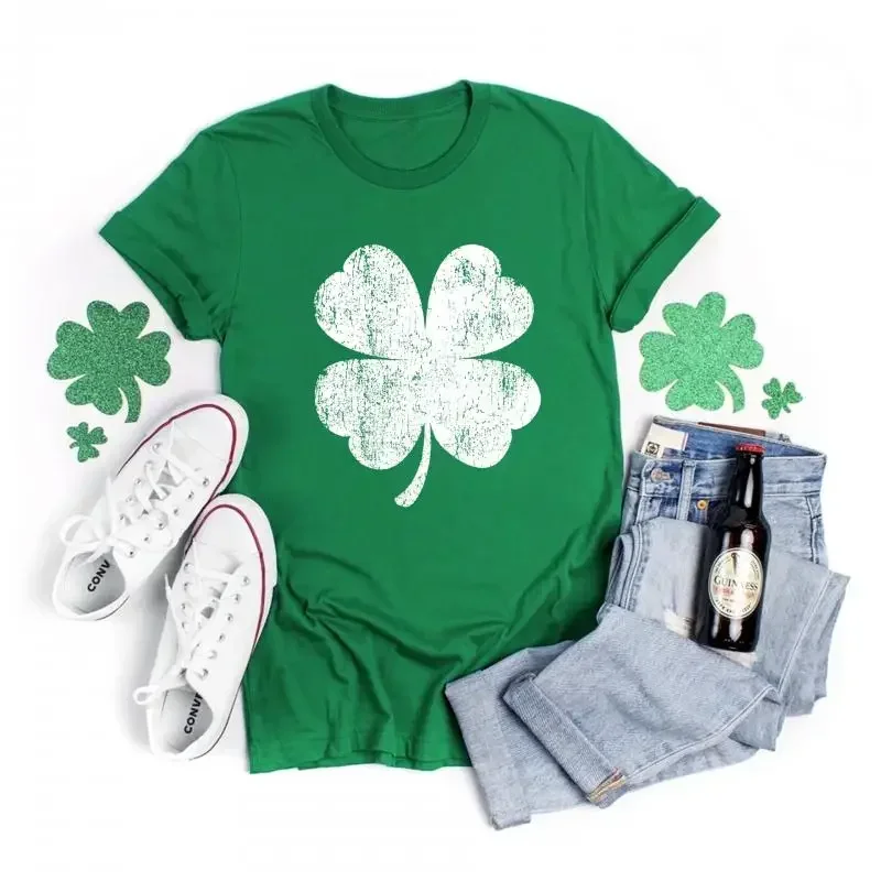 Lucky Irish Shamrock Print T-Shirt for Women St Patricks Day Tops Green Funny Face Graphic Tee Holiday Female Streetwear