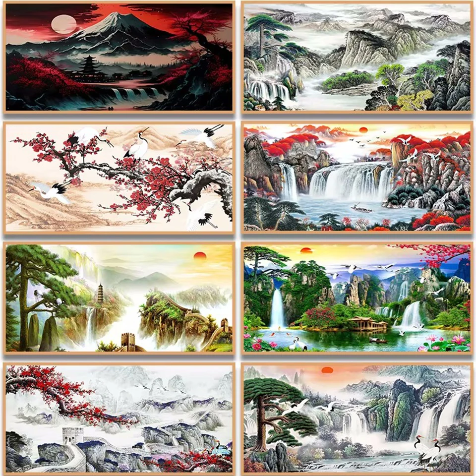 

Large Size 5DDIY Diamond Painting Asian Landscape Art Waterfall Sunset Mountain Rock Painting Mural Painting Home Decoration