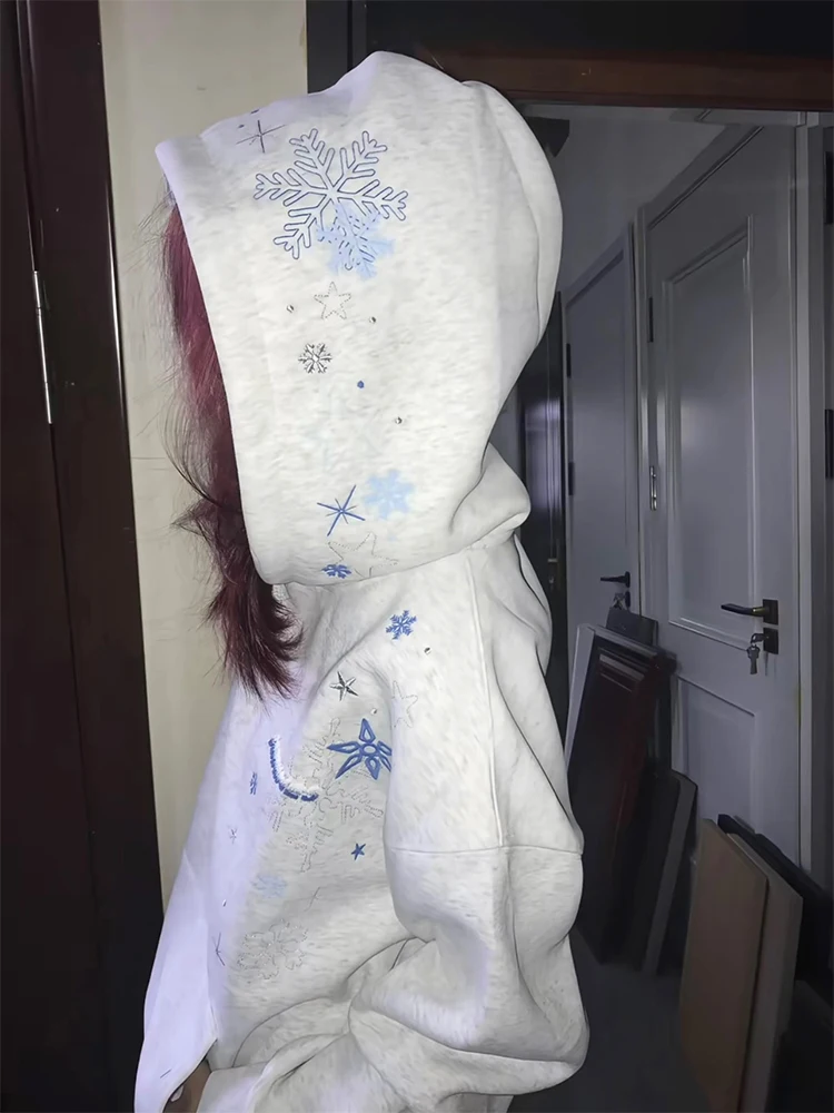 Felpa con cappuccio ricamata con fiocco di neve Ele Capispalla casual allentato da donna Autunno Inverno New Sle Jaet da coppia di Xiangbaiwei