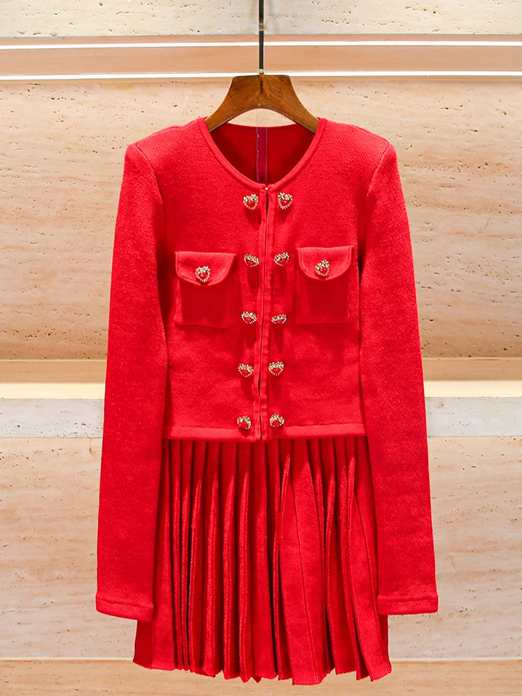 

Красный вязаный комплект из жакета и юбки Cisas: Новогодняя высококачественная женская модная верхняя одежда из полиэстера с длинными рукавами на пуговицах