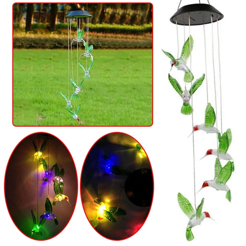 Humming Bird LED Solar Light Romantic Windbell Wind Chime String Lamp Pendant Color Changing for Garden Patio Yard Decor Lamp