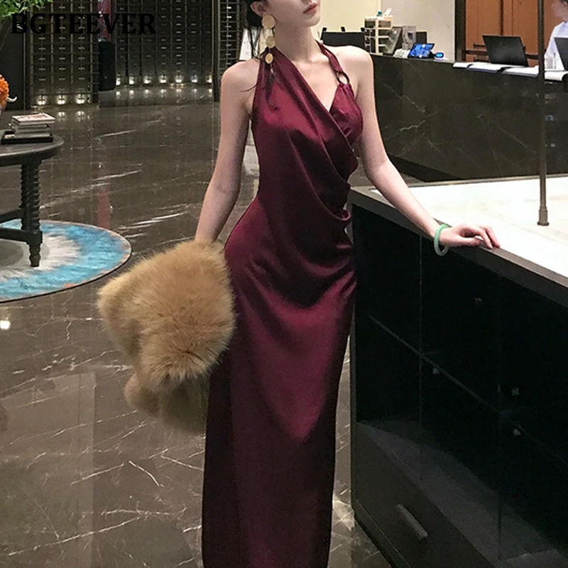 BGTEEVER, moda de verano, cintura delgada, paquete sin espalda, vestido de satén a la cadera para mujer, elegante vestido de fiesta sin mangas con cuello Halter