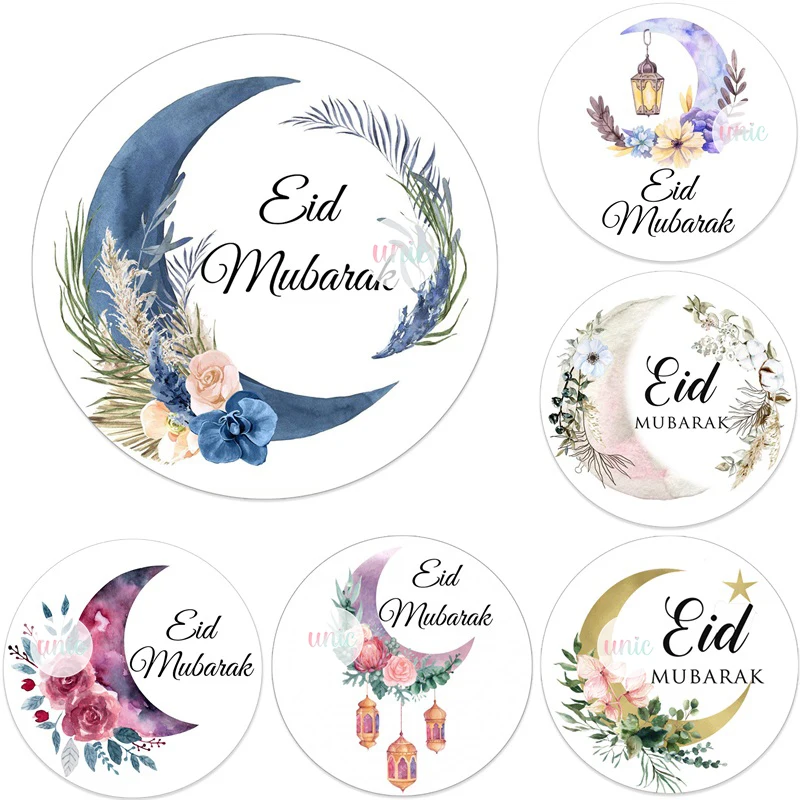 3.5/4.5cm Eid Mubarak Floral and Moon Paper Sticker Lablels Gift Lable Seal Sticker Islamic Eid Al-fitr Celebration Party Supply