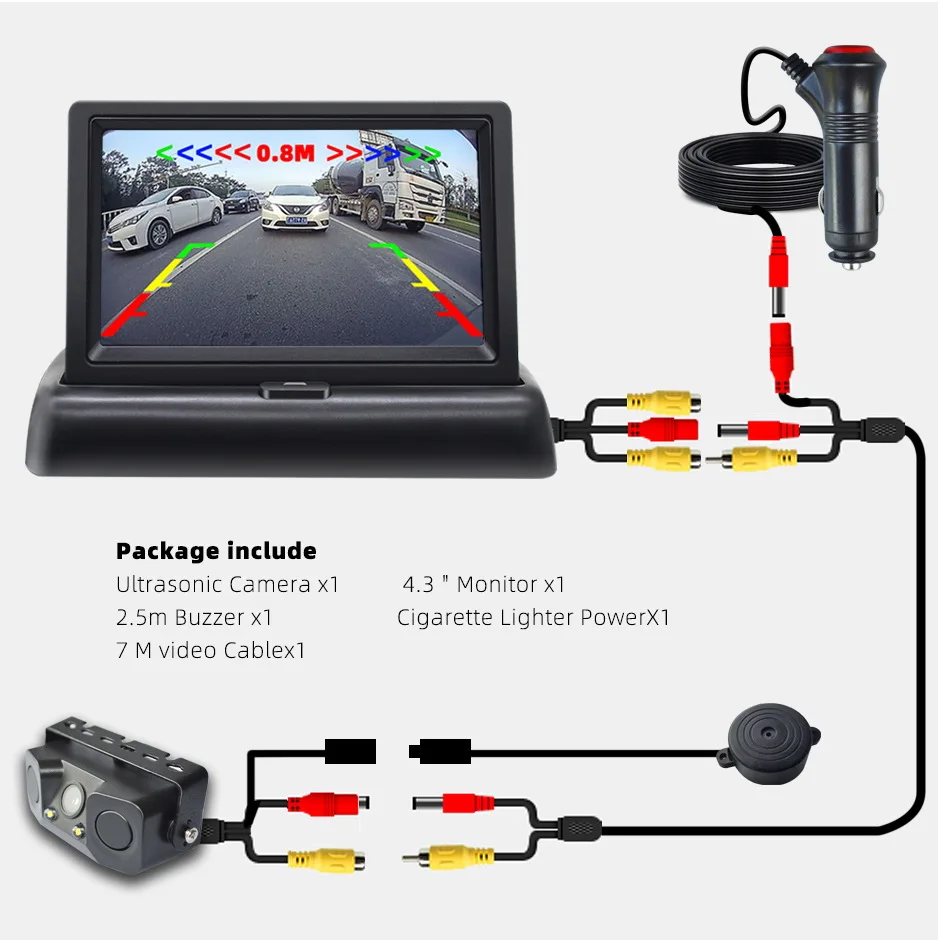 

Easy to install Parktronic Backup Reversing Camera Video Parking Sensor Kit Radar Visible Display 4.3in/5in Monitor System