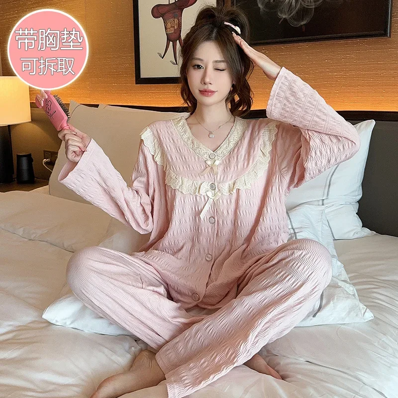 Очень большие хлопковые пижамы для женщин, 150 кг с нагрудными подушечками, корейская весенняя домашняя одежда, кружевные милые брюки с длинными рукавами, верхняя одежда
