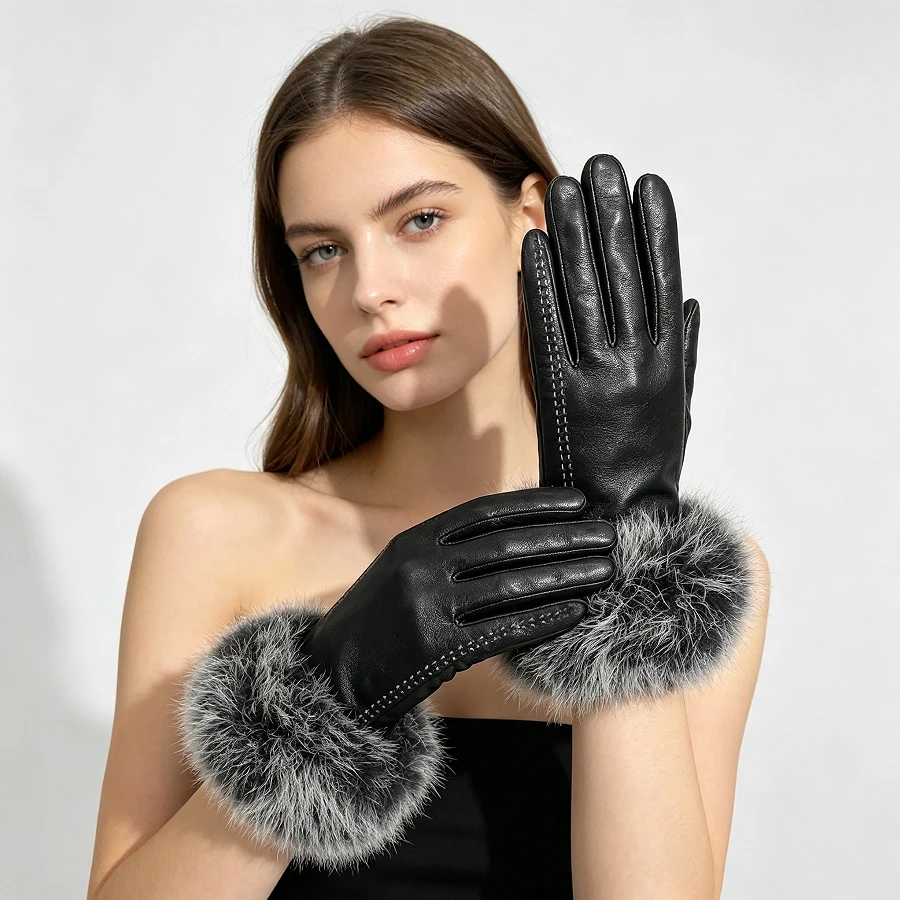 Real Sheepskin Fox Fur Gloves Black Natural Leather Sheepskin Cycling Driving Genuine Leather Gloves New Warm Fur Accessory