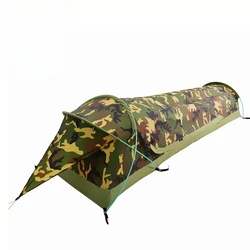 Single Person Camouflage Tunnel Tent Outdoor Camping Portable Lightweight Rainproof Nylon Fabric Aluminum Pole Double Zipper