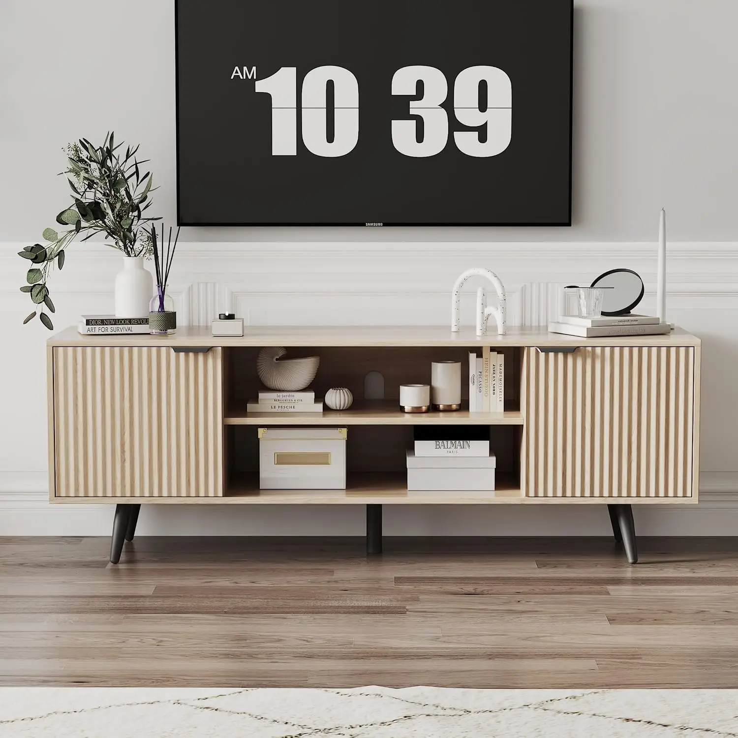 Modern TV Stand Storage Cabinet Waveform Panel Adjustable Shelf Entertainment Center Living Room Yellow Wood Grain, Customized