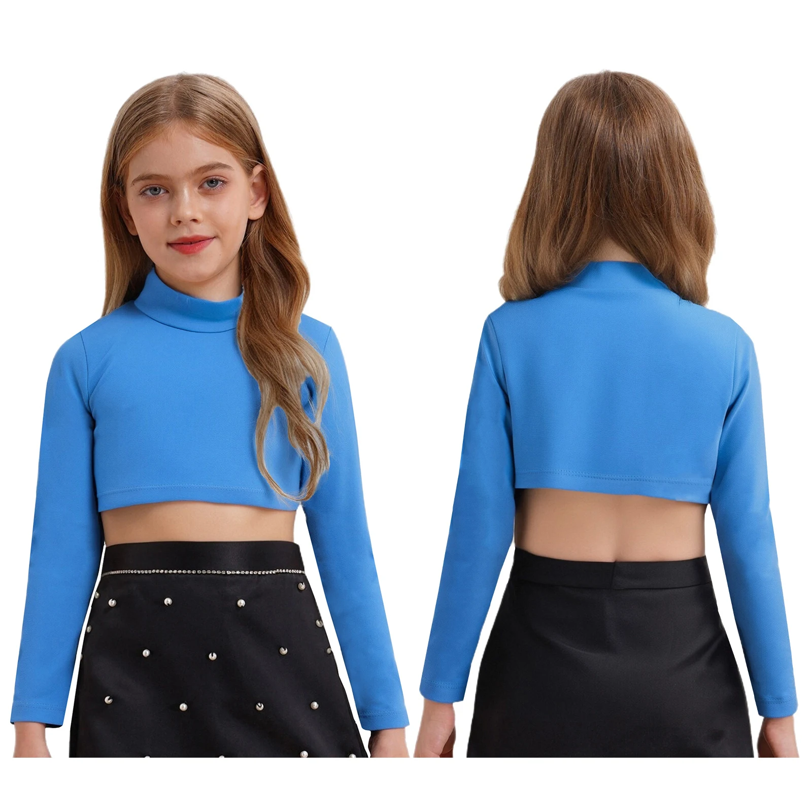 

Girls Casual Top Streetwear Long Sleeves High-neck Solid Color Crop Top with Navel Exposed for Dancing Stage Performance Workout