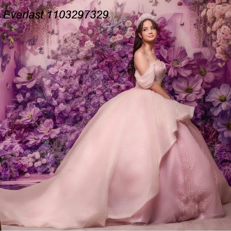 EVLAST وردي Quinceanera ثوب الكرة ، بلورات مزخرفة بالخرز ، مشد متدرج ، حلو 16 ، TQD666 ، 15 سنة