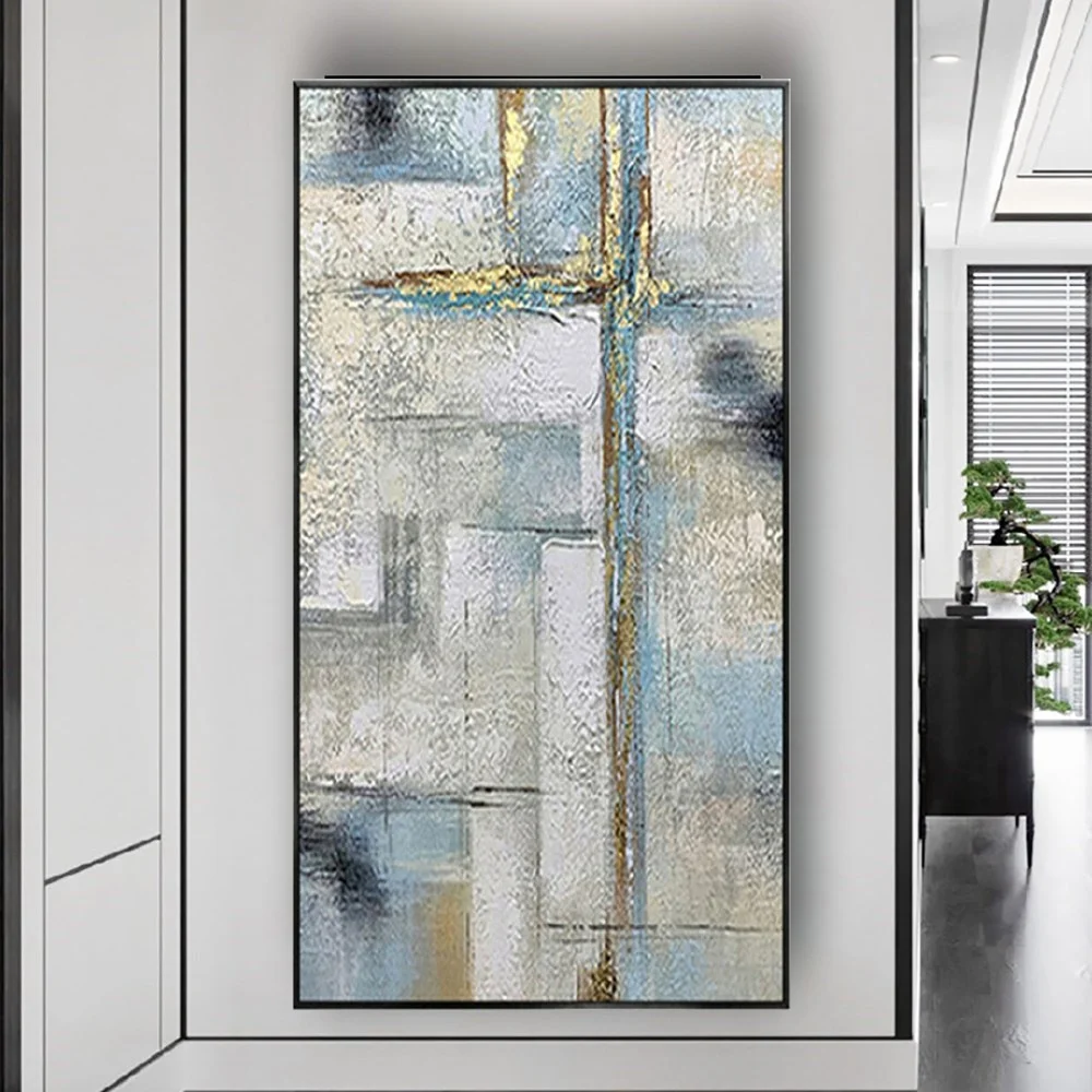 High Quality Mural Gray Blue Abstract Oil Painting On Canvas Handmade Texture In Panel Image For Home Decor Artwork Vertical