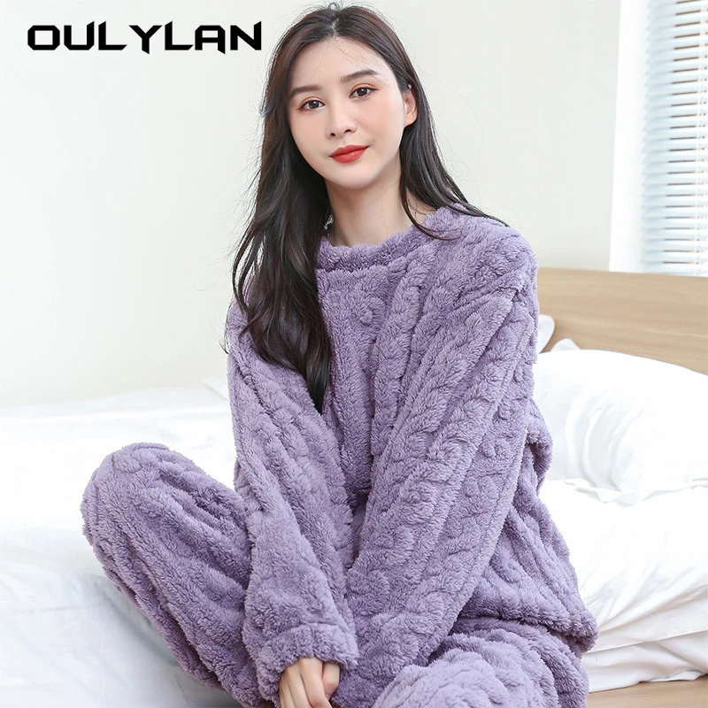 Female Pink Velvet Pajamas Set Thicken Coral Fleece Trouser Suit Sleepwear Winter New Warm Nightwear Lounge Wear Loose Homewear