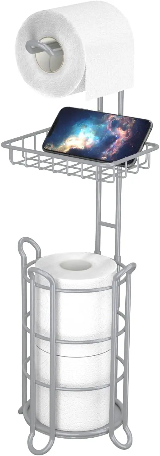 

Free Standing Toilet Paper Holder with Shelf for Storage, Holds Mega Rolls and Phone, Gray