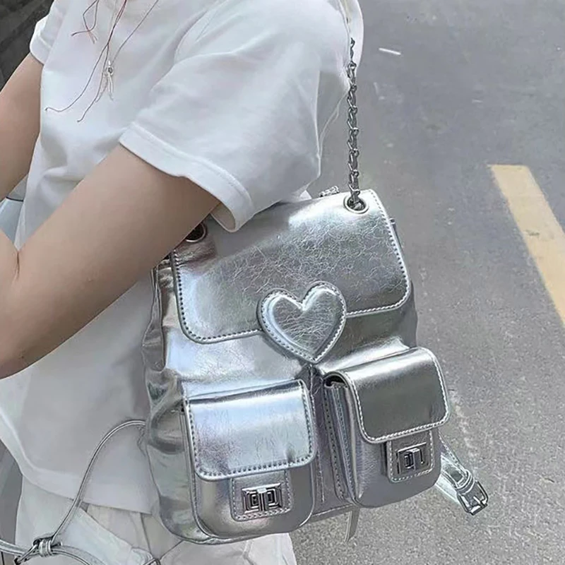 Richme Y2K Silver Women Backpacks Fashion 2024 Designer Mochila Femenina Luxury Heart Shaped Small Capacity Commute Bolso Mujer