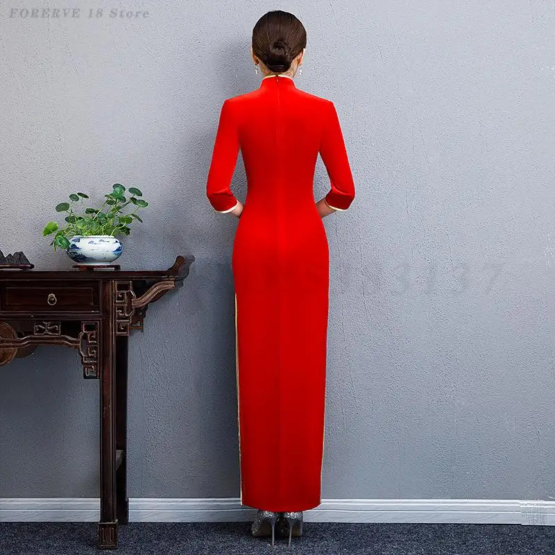 فستان تشيباو المخملي المثير للنساء التقليدي Chesongam للحفلات المسائية والولائم على الطراز الصيني الجديد فساتين ضيقة طويلة من القطيفة تشيباوس #3