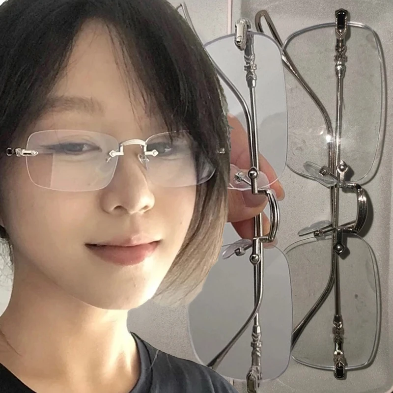 

Retro Korean Transparent Frameless Eyeglass for Women Gold Silver Anti Blue Light Blocking Small Square Glasses Fashion Eyewear