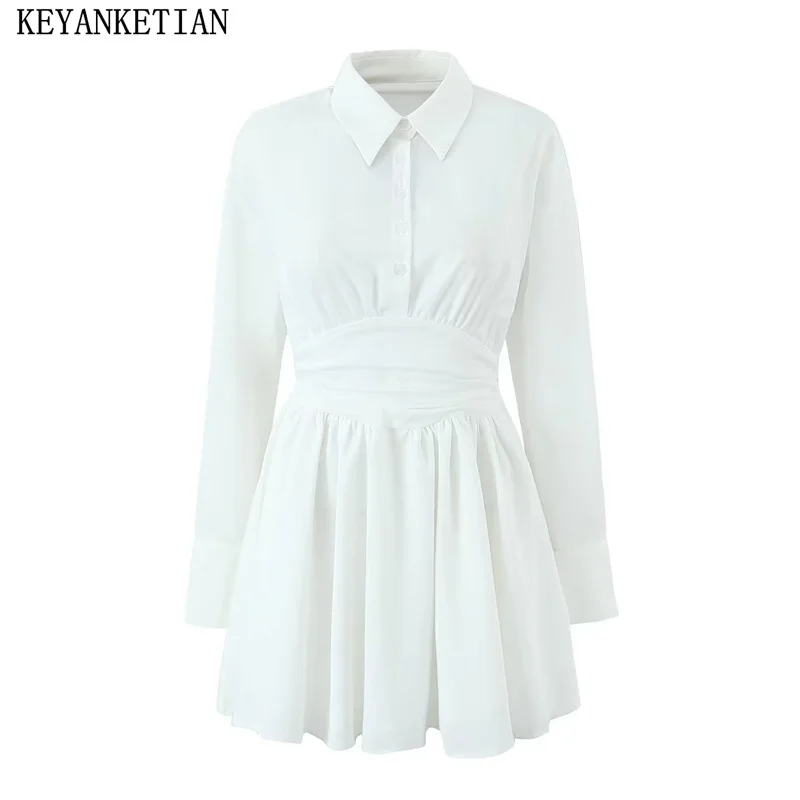 KEYANKETIAN Autumn New Women's Fold waist Design Slim Shirt Dress Buttons Decoration Twill Fashion Long Sleeve Tuniek MiniSkirt