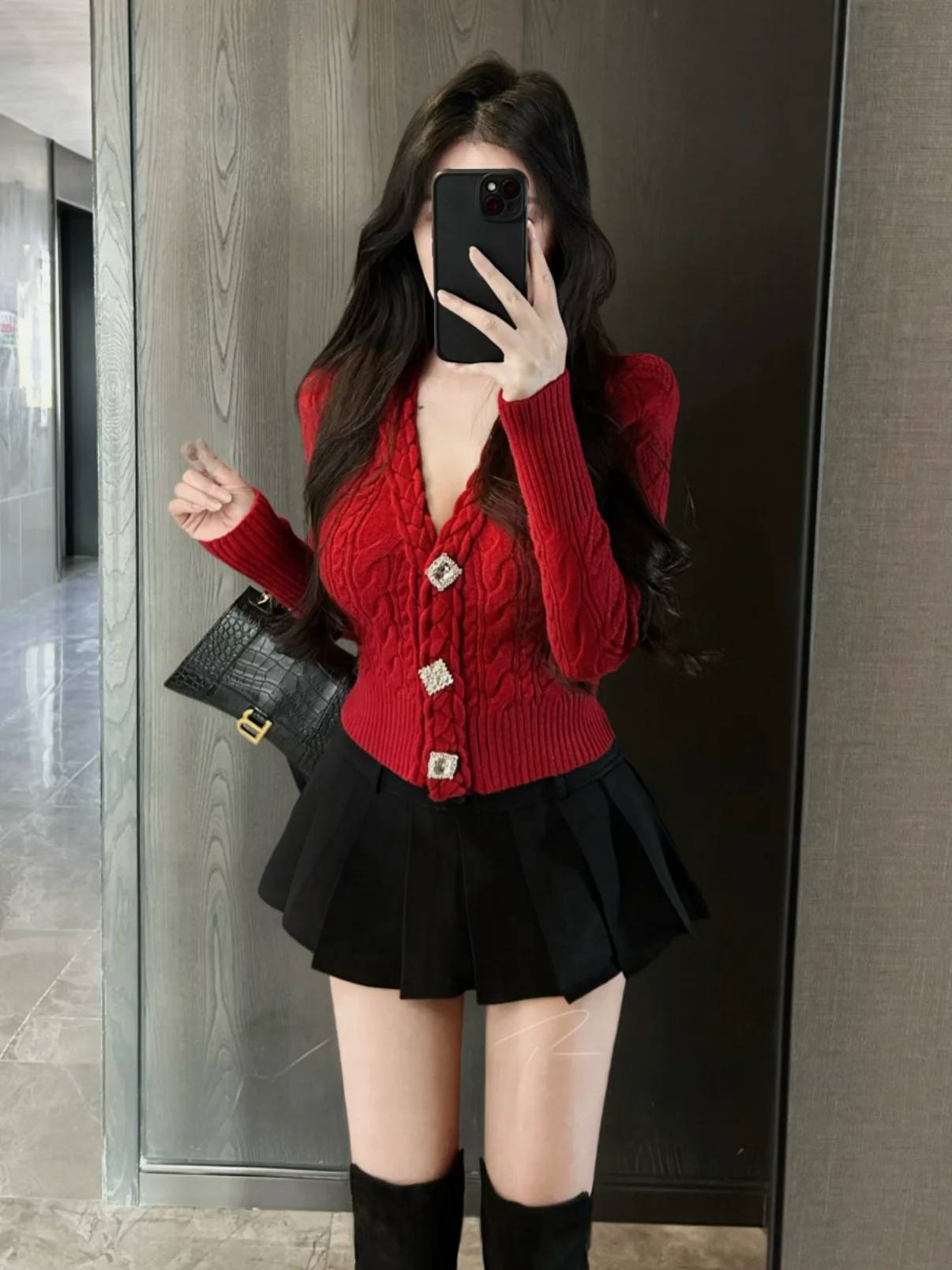

Cisas New Year Red Long Sve Slim Fit Knitted Top Women's Waist Cinched V-Ne Button down Base Layer irt