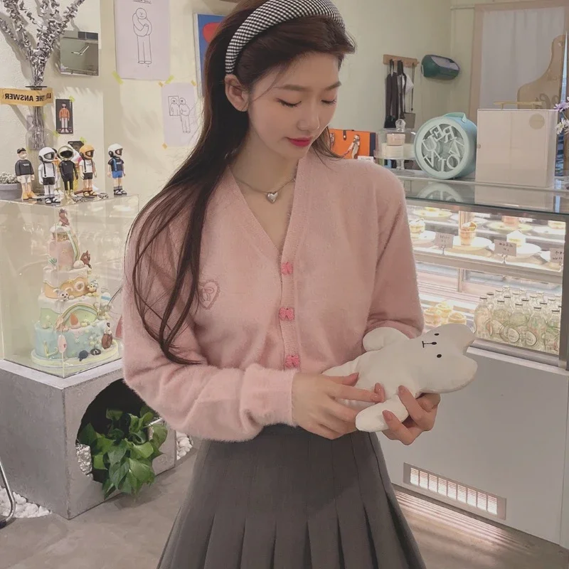 

Укороченный кардиган, женская одежда, v-образный вырез, длинный рукав, Sueter Mujer, милый вязаный розовый свитер с вышивкой, пальто Y2k, топы Pull Femme