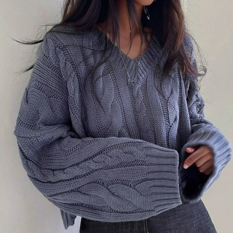 

V-neck Loose Women Knitted Pullover Sweater Korean Fashion Solid Color Short Tops Casual Retro Fried Dough Twists Lady Clothing