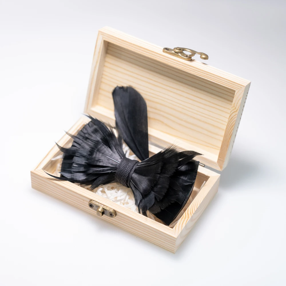 Black blue solid 2023 New feather bow tie handmade men\'s bow tie brooch Wooden box sets wedding party gift JEMYGINS design