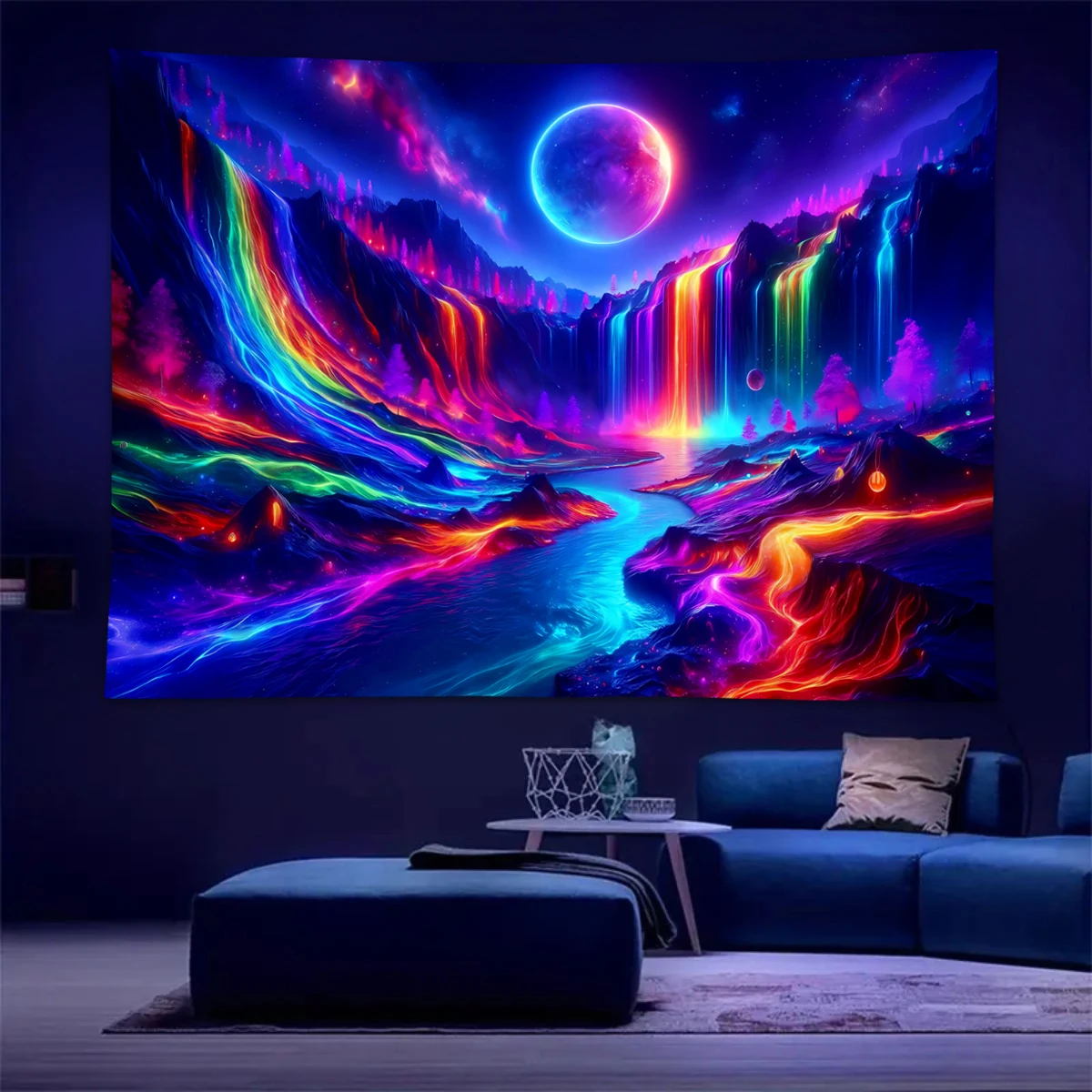 1pc Rainbow fluorescent tapestry for mountain peaks and waterfalls, UV reactive tapestry, natural landscape wall hanging