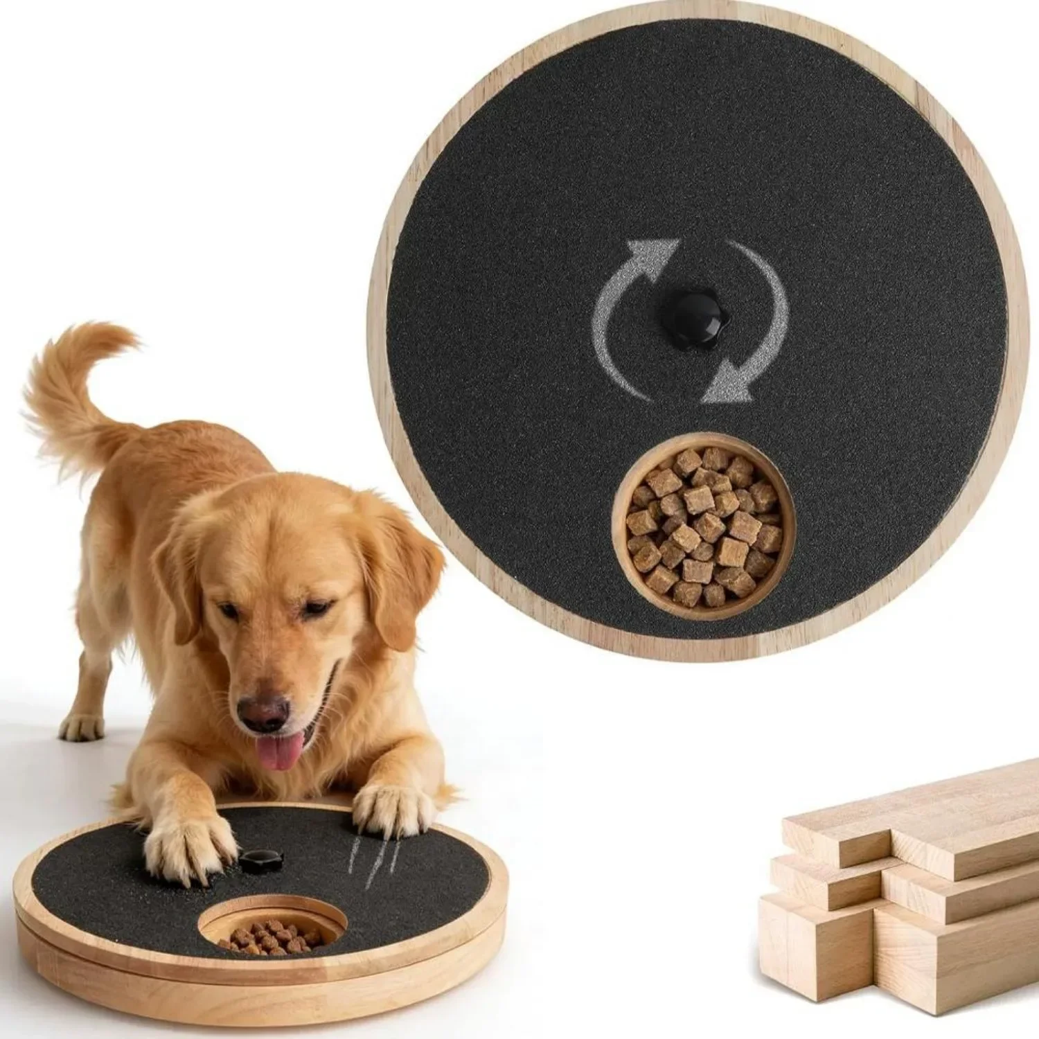 Dog Scratch Board with Rotating Nail File 3 in 1 Food Feeder Rubber Wood Pad Suction Cups Anti Slip