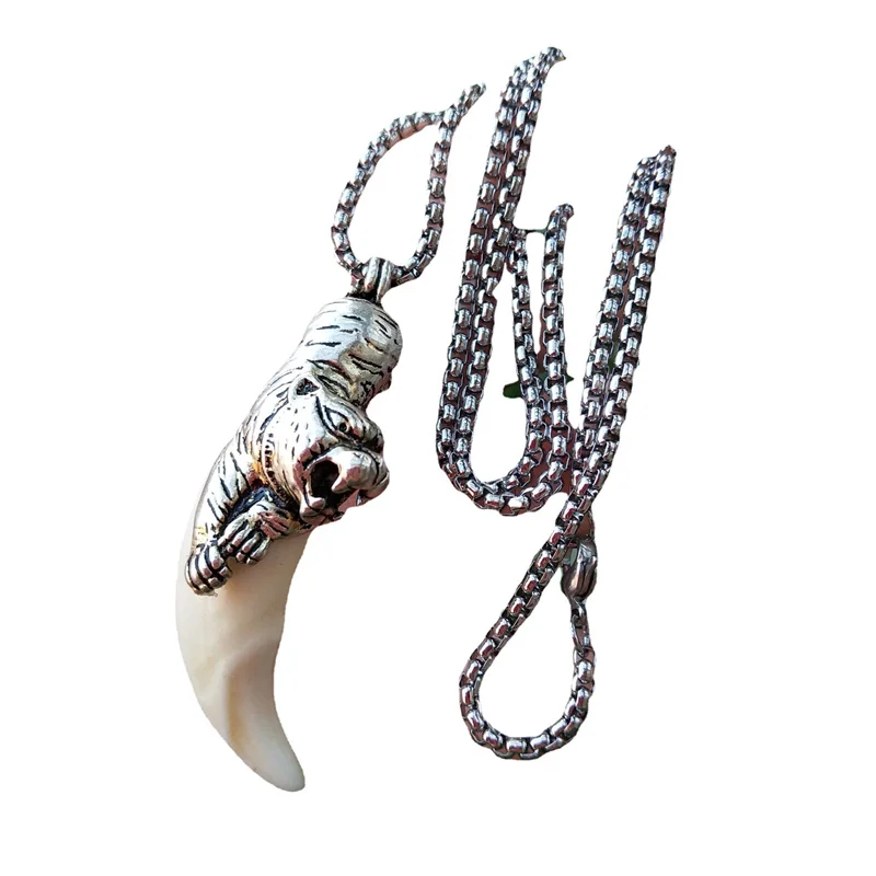 Mai Chuang/ Hand Carved/ Antique Tibetan Silver Inlaid Boar Tooth Wolf Dog Tooth Necklace Pendant Fashion Jewelry MenWomen Gifts