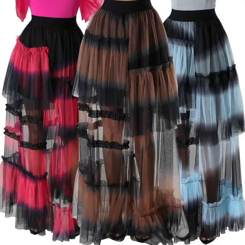 

Y2k Goth Irregular Fold Skirt Gauze Skirt Gradient A-Line Casual Mesh Long Skirts Women Summer Fall Korean Japenese Style