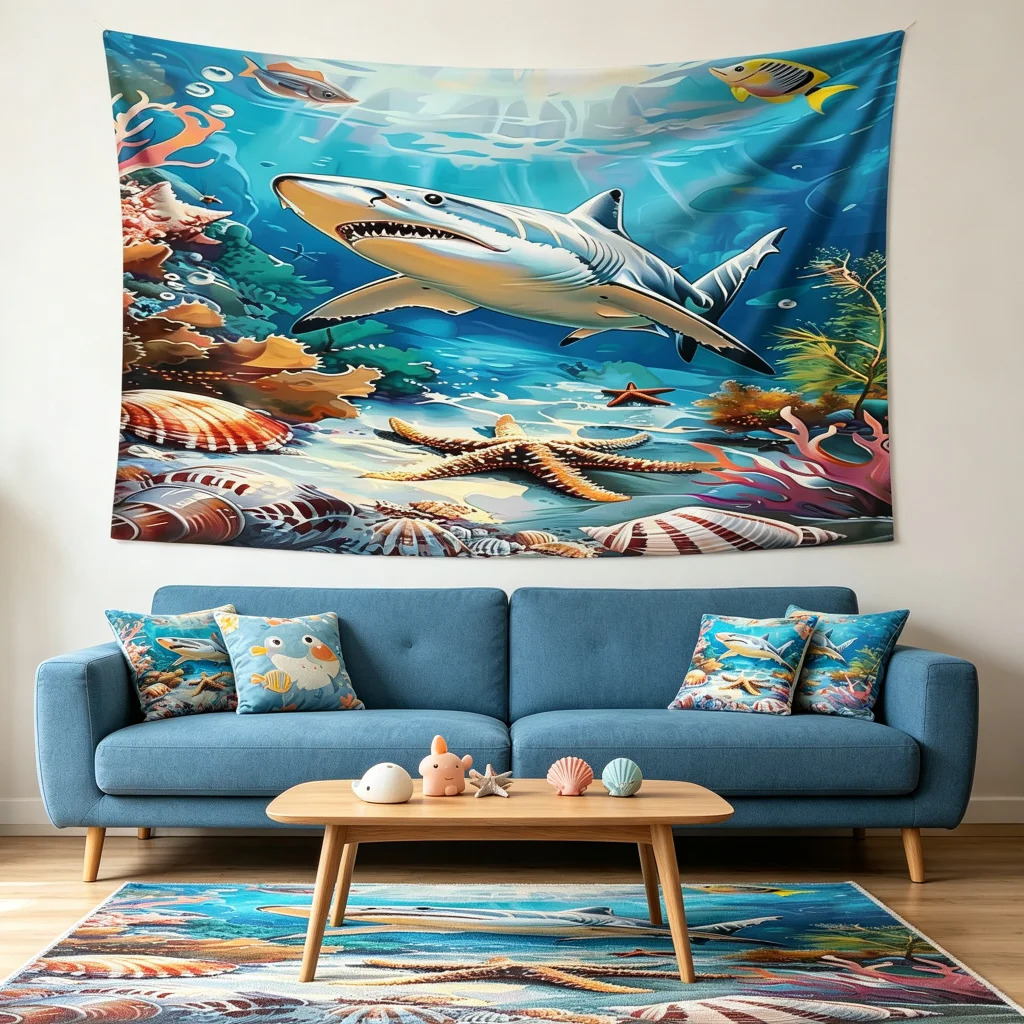 1PC Underwater Shark Cartoon Art Print Backdrop Banner, Bedroom Living Room Photo Background, Polyester, Home Decor, Wall Art