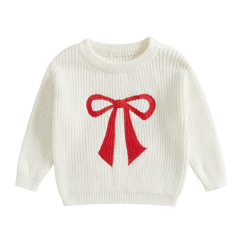 Toddler Girls Boys Sweater Bowknot Pattern Crew Neck Long Sleeve Baby Pullovers Fall Winter Casual Tops