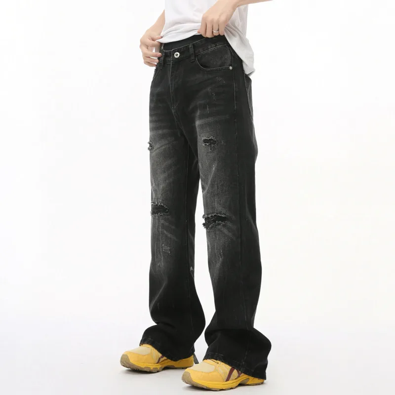 High Street Men's Denim Pants Worn-out Hole Middle Waist Bottom Straight Wide Leg Loose Male Jeans 2024 Autumn Stylish