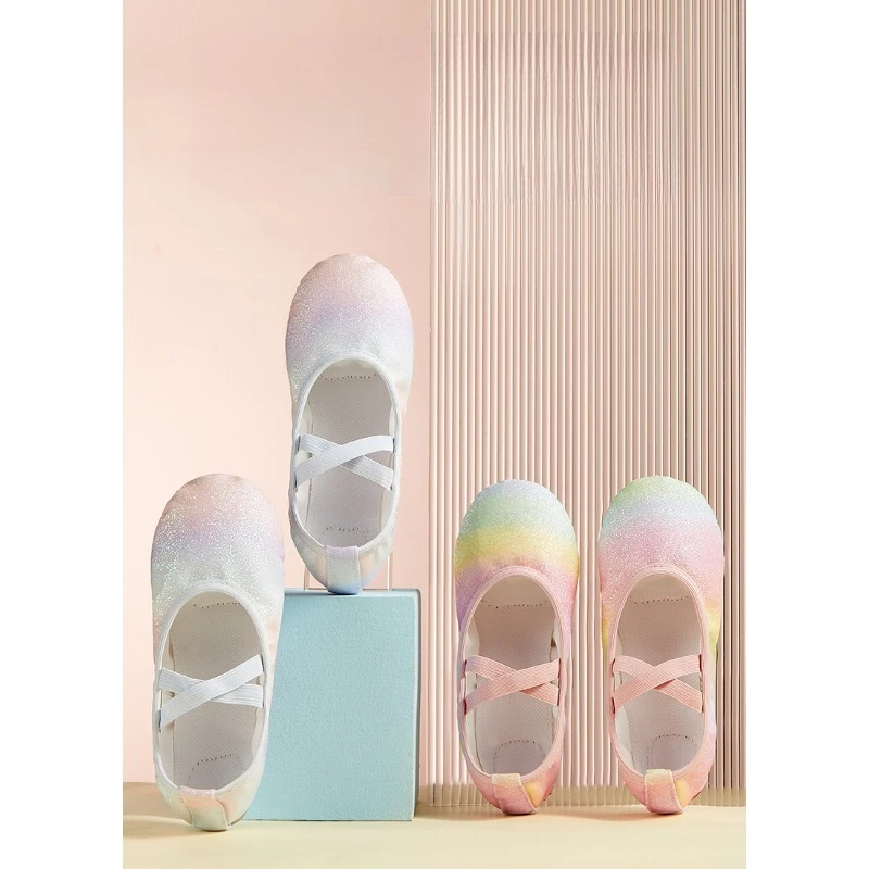 Girl Shiny Rainbow Soft Sole Cat Paw Ballet Dance Slippers Children's Stage Performance Training Casual Dancing Kids Dance Shoes view 5