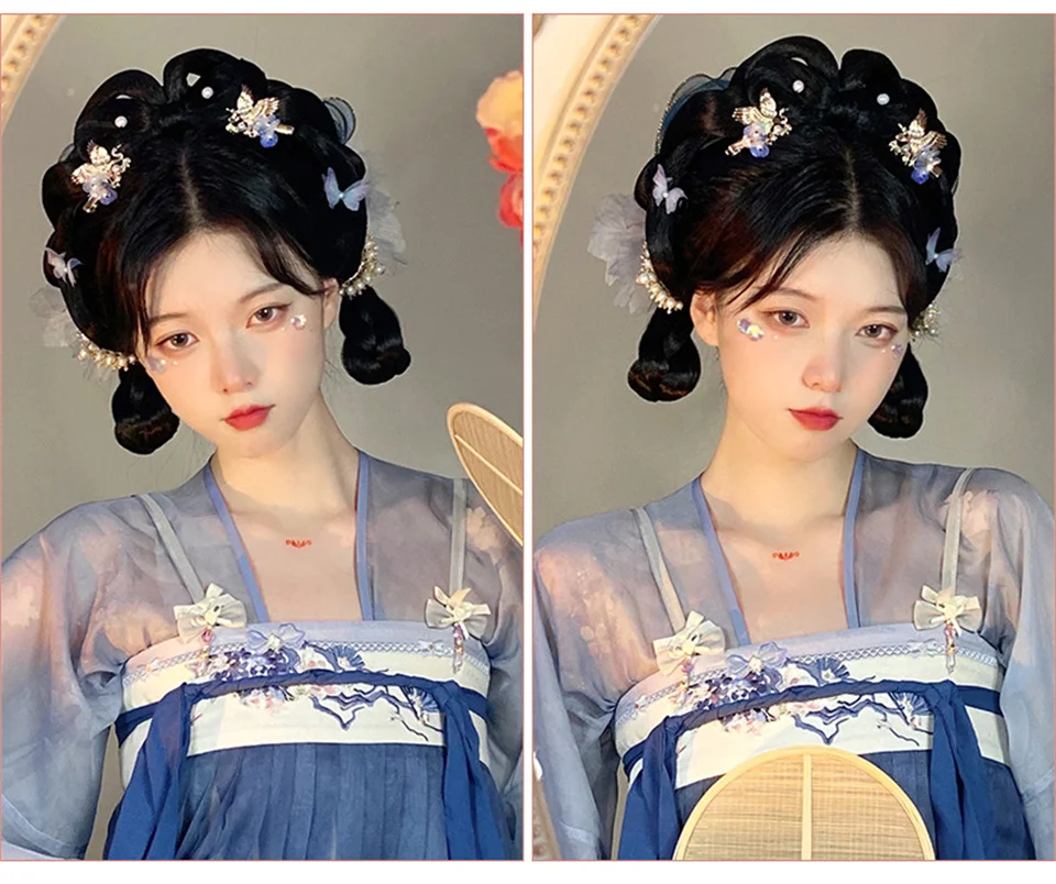 Synthetic Chinese Ancient Wig Women Hanfu Wigs Headdress Photography Dance Accessory Wigs Black For Women Integrated Hair bun