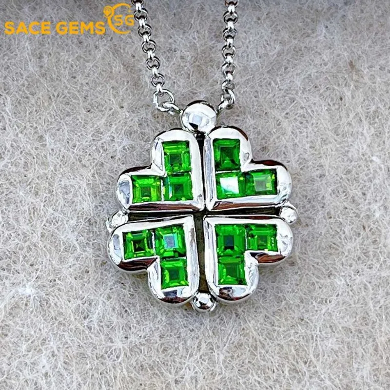 SACE GEMS New 925 Sterling Silver 3*3MM Natural Diopside Pendant Necklaces for Womne Engagement Cocktail Party Fine Jewelry