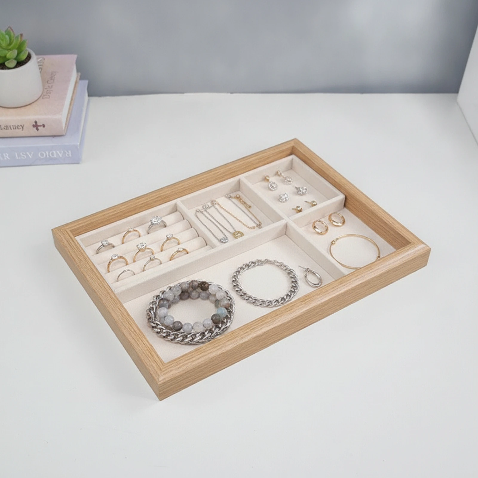 Jewelry Display Tray Rectangular Wooden Jewelry Tray Elegant Open-Top for Dresser, Countertop