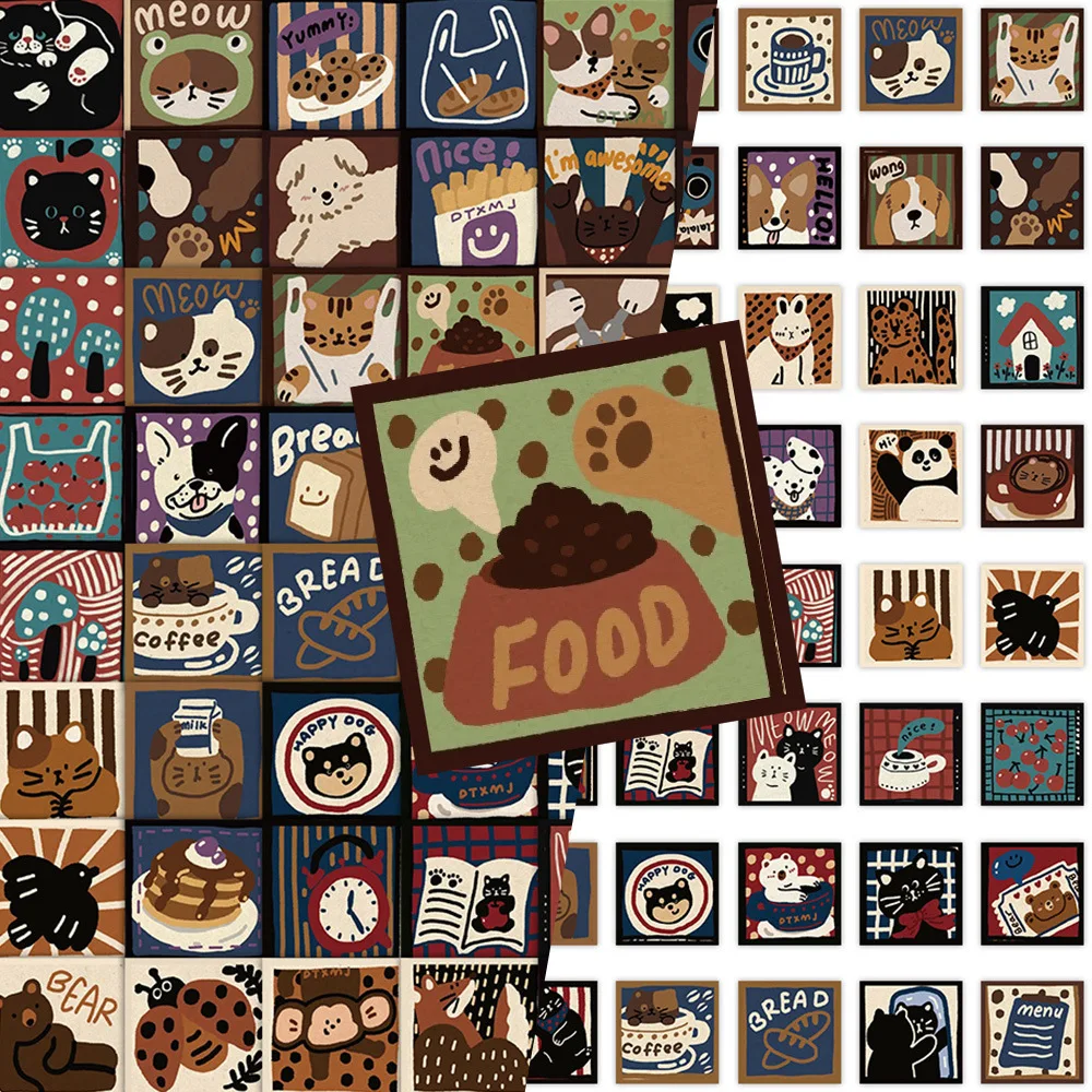 72 pieces of American retro stickers featuring high-quality cat and dog patterns, suitable for creating unique and simple decora