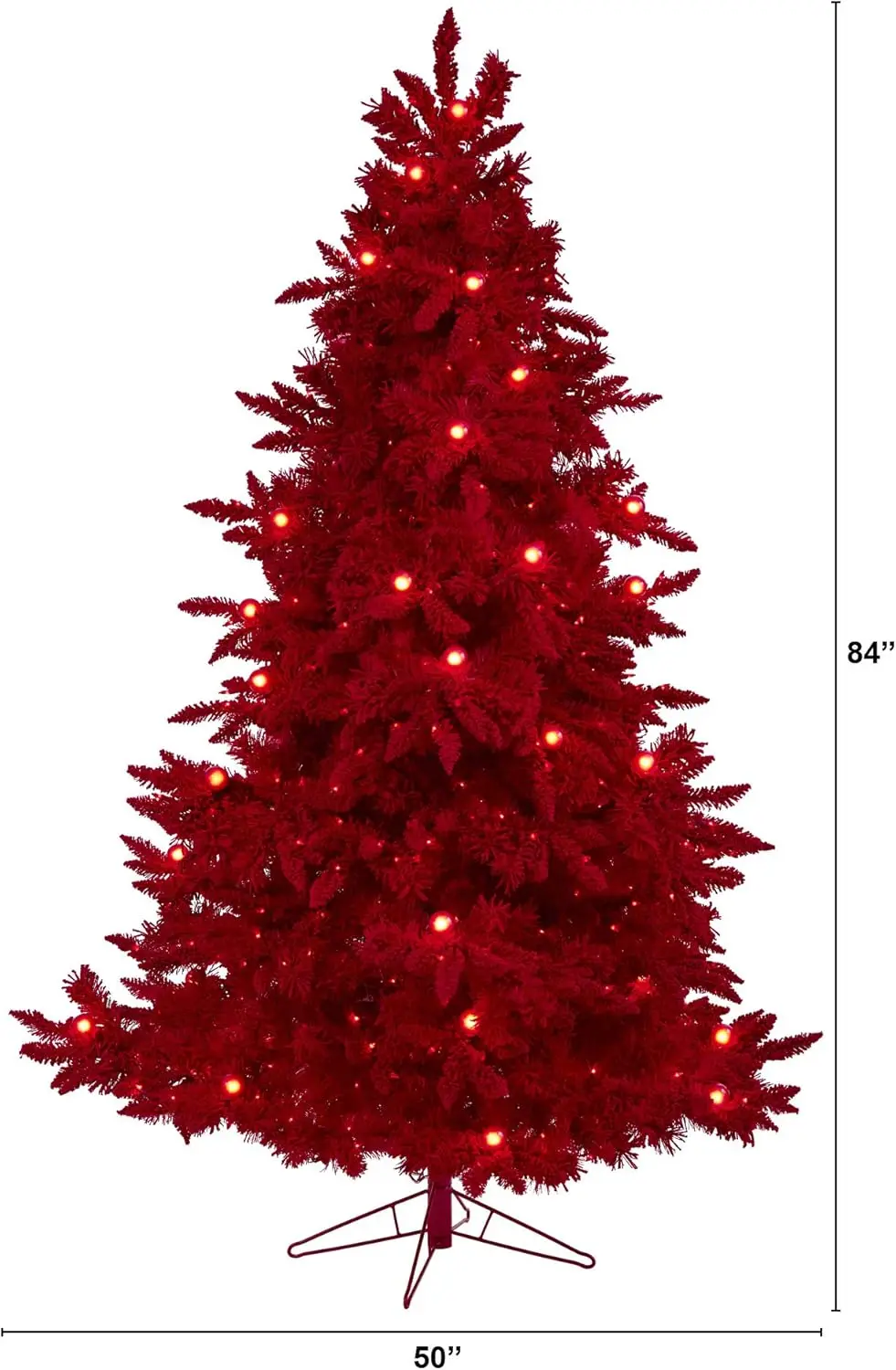 7Ft. Red Flocked Fraser Fir Artificial Christmas Tree With 500 Red Lights, 40 Globe Bulbs And 1039 Bendable Branches