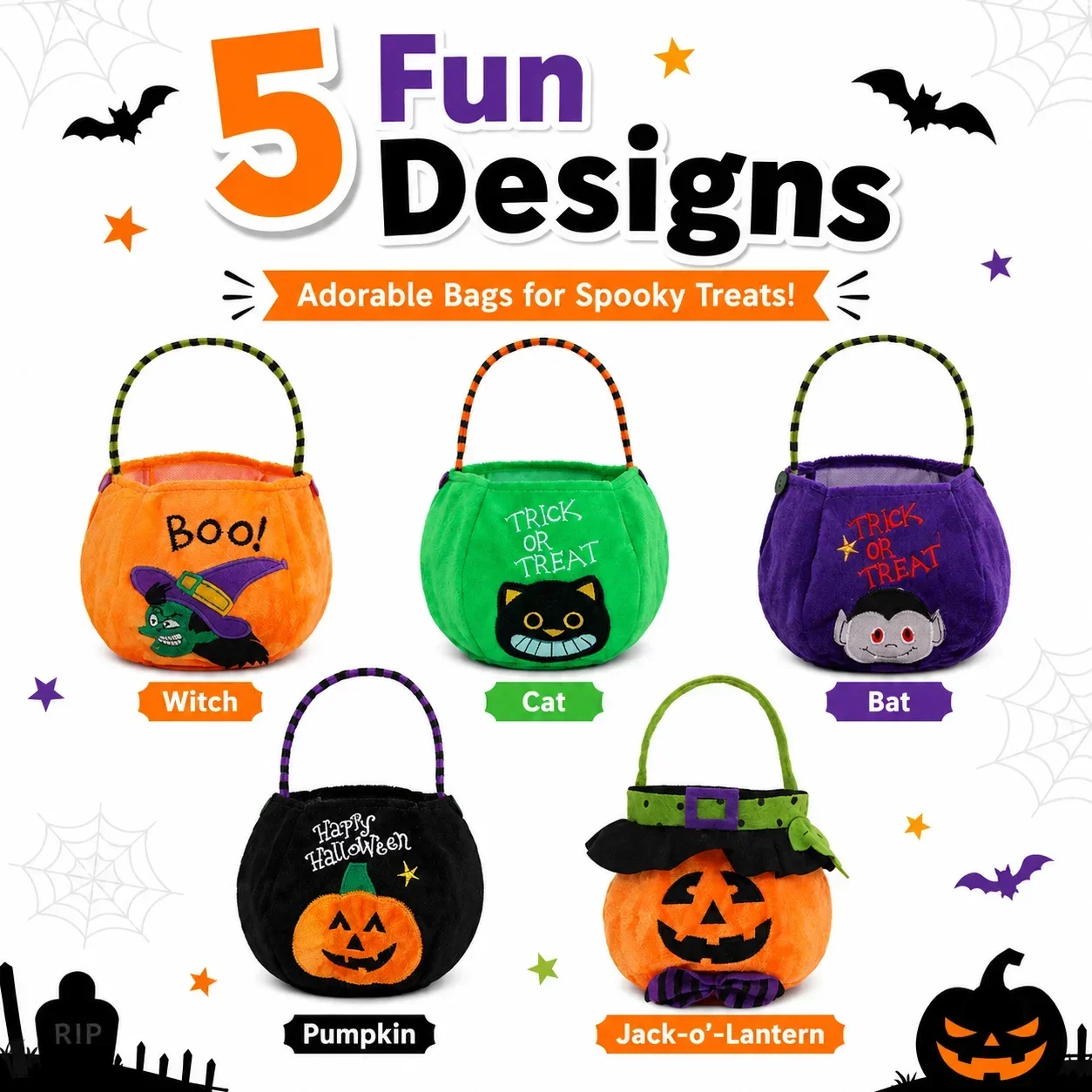 Spooky Holiday Storage Supply 1PC Plush Pumpkin Hand Tote Bag Embroidered Witch Cat Vampire Kids Trick Or Treat Goodie Bucket - view 4