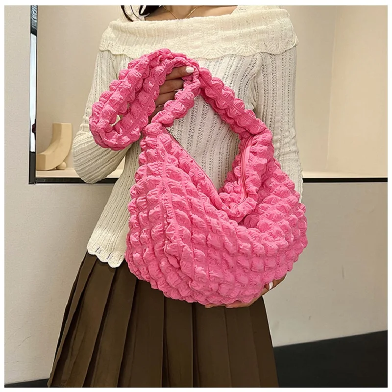 Bolsa de ombro acolchoada xadrez para mulheres, bolsa axilas de grande capacidade, bolsa bordada, bolhas plissadas fofas, monocromáticas