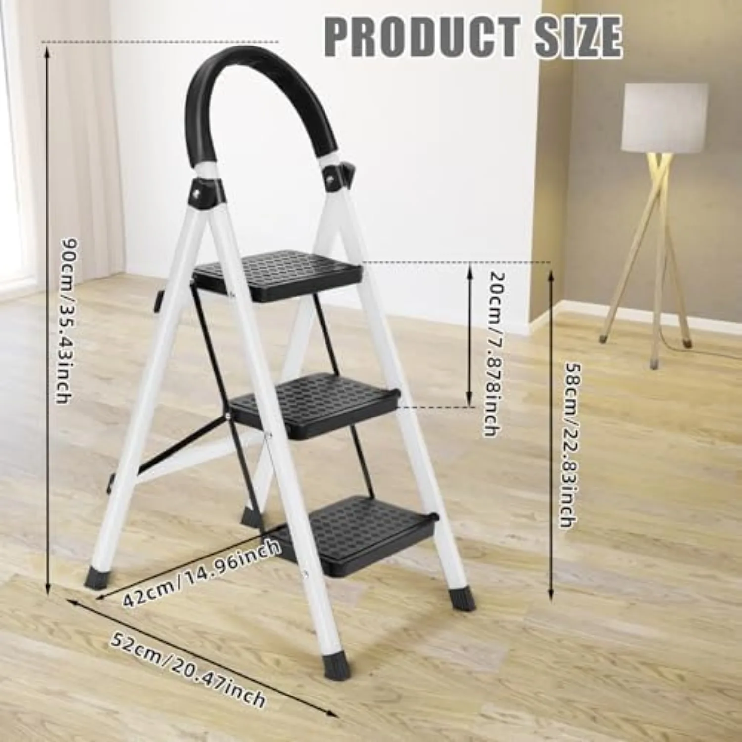 3 Step Ladder, Folding Steps Stool with Wide Anti-Slip Pedal and Safety Buckle, Portable Step Ladders Support Up to
