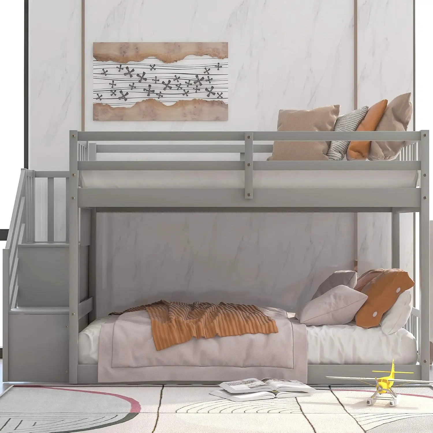 P P PURLOVE Letto a castello basso da junior Twin Over Twin con scale portaoggetti, letto a castello con pavimento in legno con contenitore per bambini e adolescenti, pavimento Twin